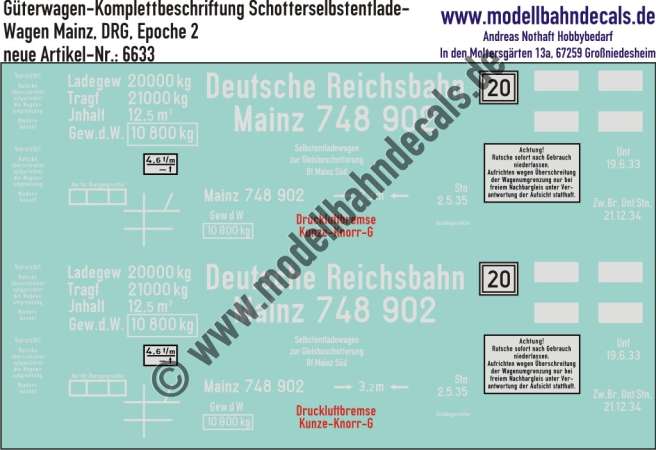 Nass-Schiebebilder: Güterwagen-Komplettbeschriftung Schotter-Selbstentladewagen Mainz, DRG, Epoche 2. Artikel-Nummer: 6633
